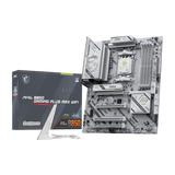 Placa base MSI MAG B850 GAMING PLUS MAX WIFI para gaming, con ranuras de memoria, conectores y componentes visibles.