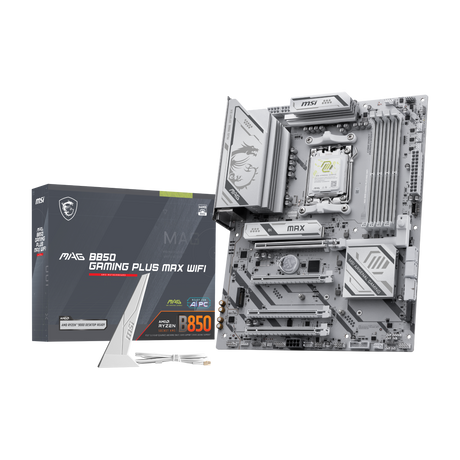 Placa base MSI MAG B850 GAMING PLUS MAX WIFI para gaming, con ranuras de memoria, conectores y componentes visibles.