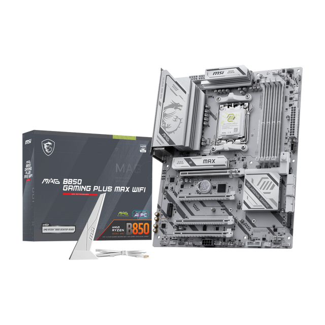 Placa base MSI MAG B850 GAMING PLUS MAX WIFI para gaming, con ranuras de memoria, conectores y componentes visibles.