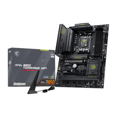 MSI MAG B850 TOMAHAWK WIFI motherboard with black PCB and heatsinks, featuring RAM slots, PCIe slots, and Wi-Fi antenna ports.