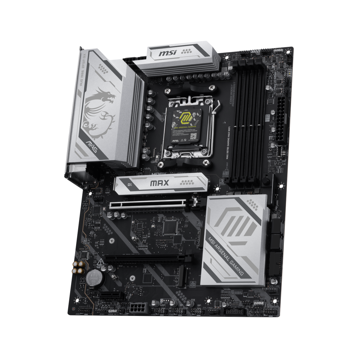 Placa base MSI MAG X870E GAMING MAX WIFI, vista frontal mostrando ranuras de memoria y conectores PCIe.