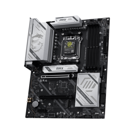 Placa base MSI MAG X870E GAMING MAX WIFI, vista frontal mostrando ranuras de memoria y conectores PCIe.