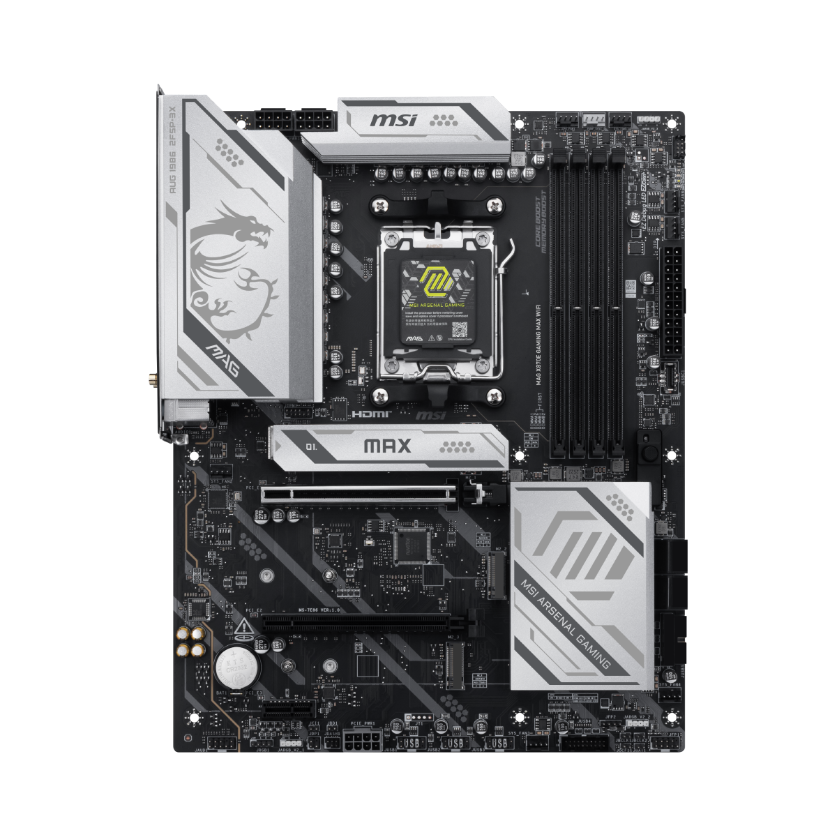Placa base MSI MAG X870E GAMING MAX WIFI para PC gaming con conectividad Wi-Fi y componentes de alta calidad.