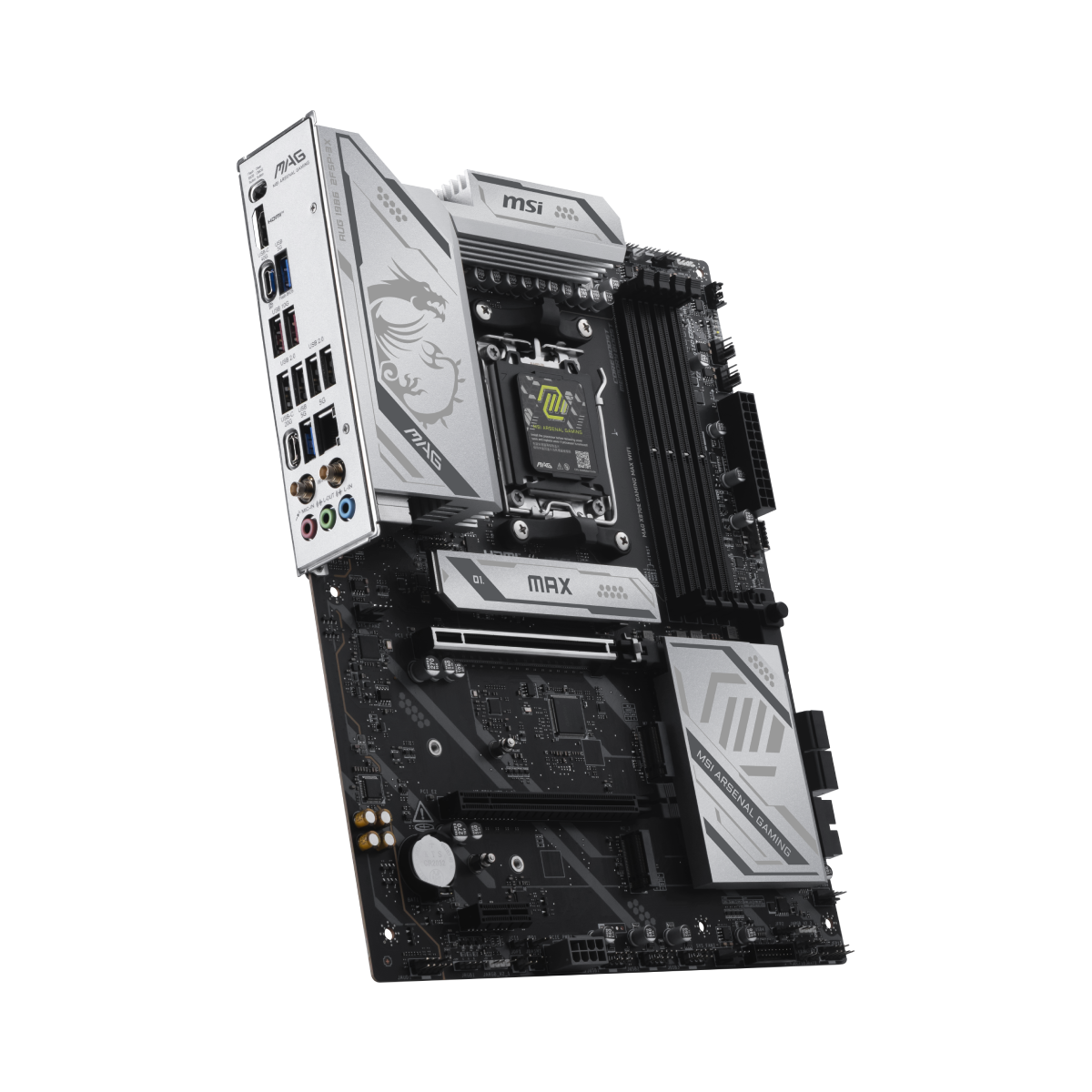 Placa base MSI MAG X870E GAMING MAX WIFI para gaming, con puertos y componentes visibles en la imagen.