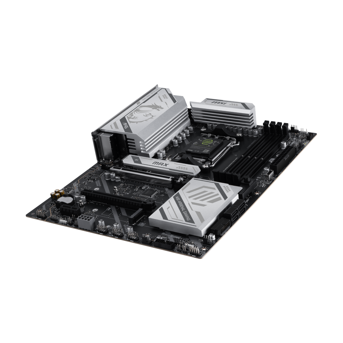 Placa base MSI MAG X870E GAMING MAX WIFI para gaming, con ranuras PCIe, slots RAM y conectores para componentes.
