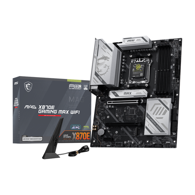 Placa base MSI MAG X870E GAMING MAX WIFI, placa madre para gaming con conectividad Wi-Fi y componentes de alto rendimiento.