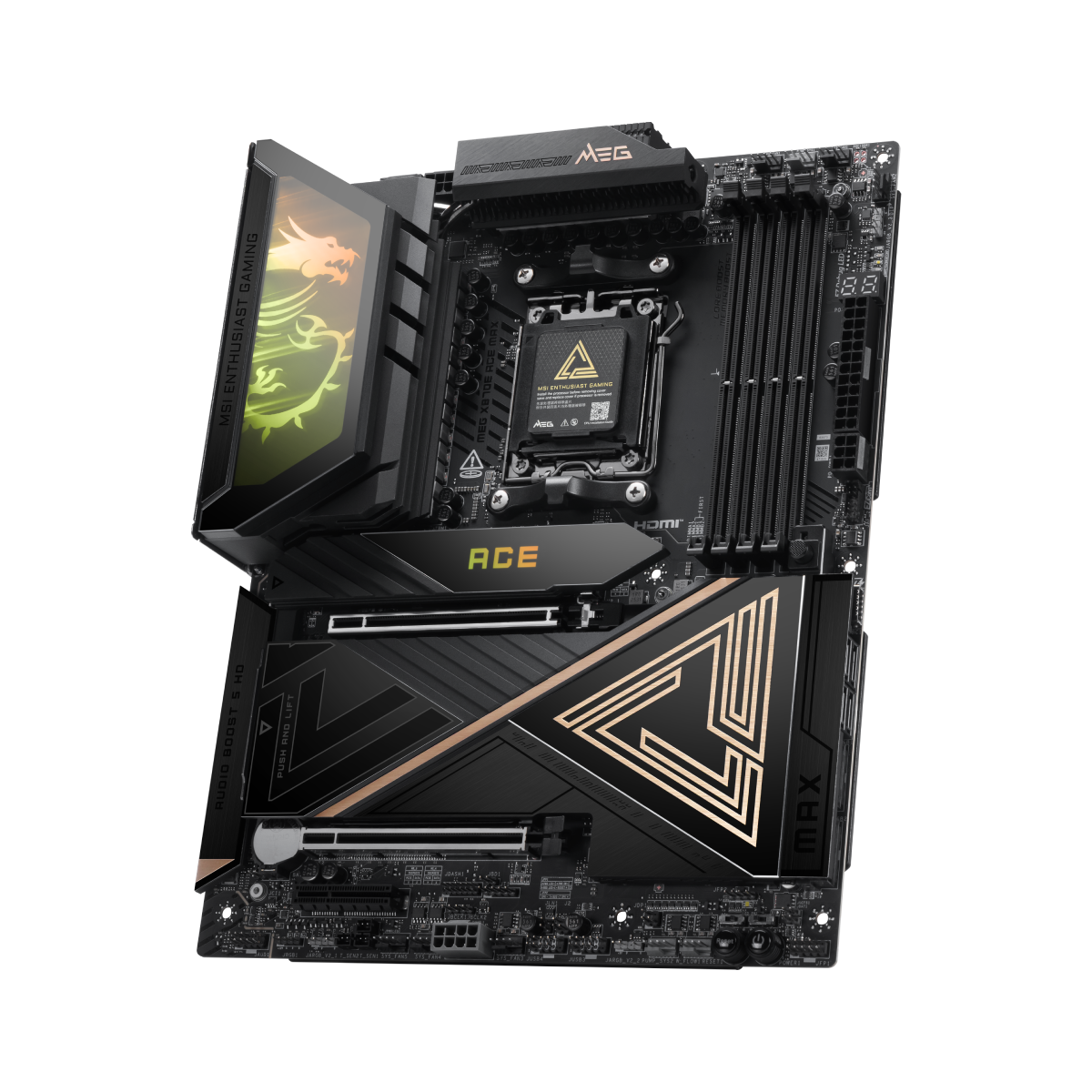 Placa base MSI MEG X870E ACE MAX para gaming y rendimiento, con múltiples puertos y componentes visibles en la imagen.
