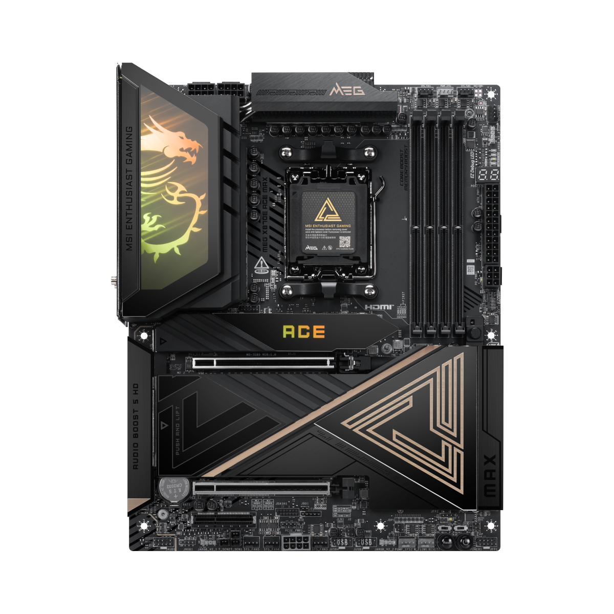 Placa base MSI MEG X870E ACE MAX para ordenador, vista frontal con puertos y componentes visibles.
