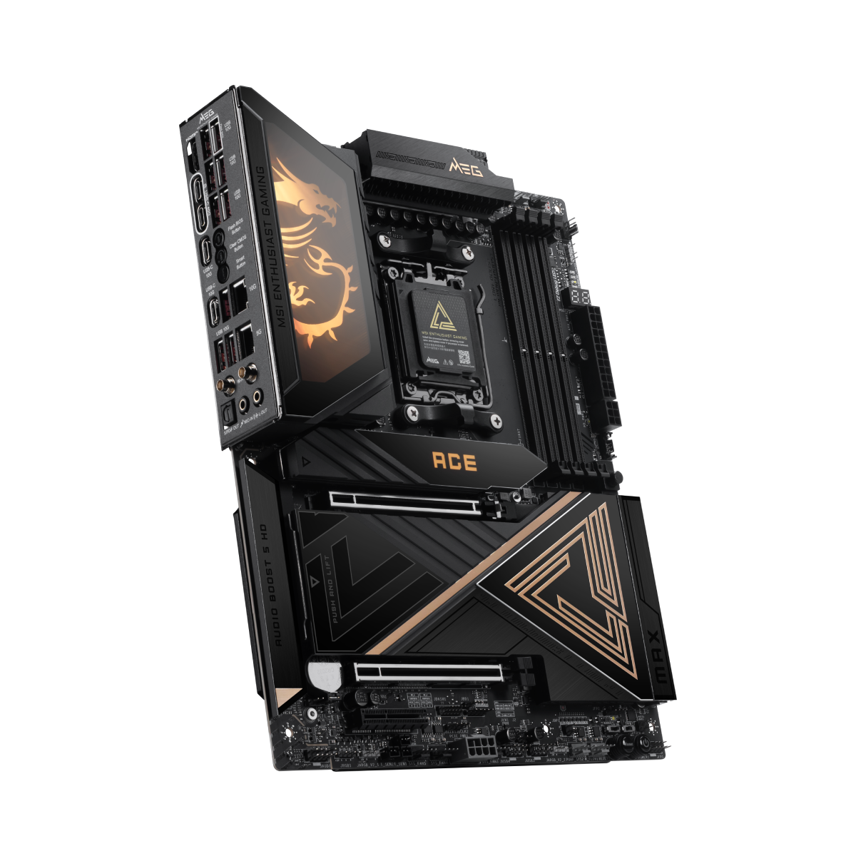 Placa base MSI MEG X870E ACE MAX para PC, con ranuras de expansión y disipadores de calor, vista frontal en imagen.