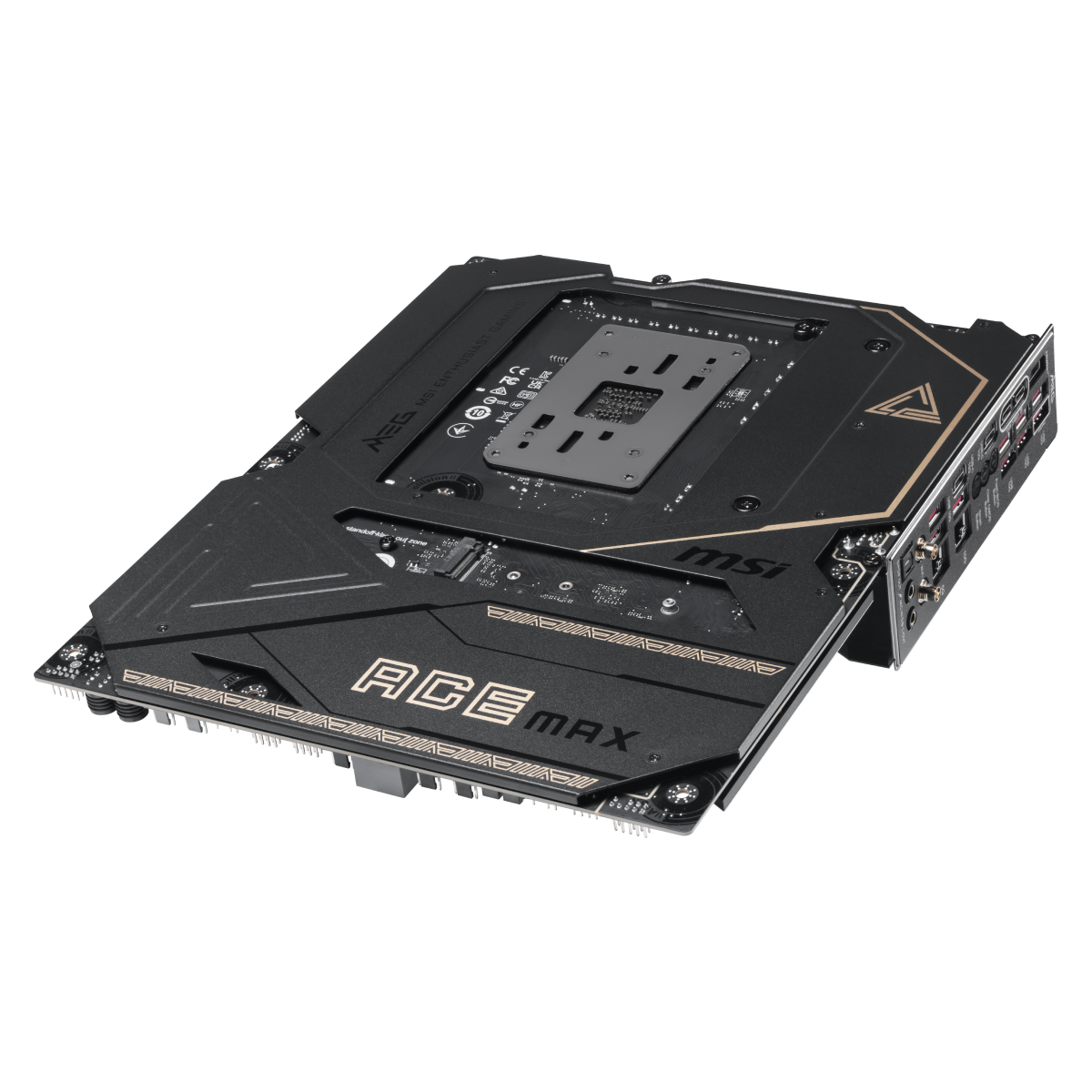 Placa base MSI MEG X870E ACE MAX para gaming, con ranuras PCIe y conectores de alimentación, vista superior.