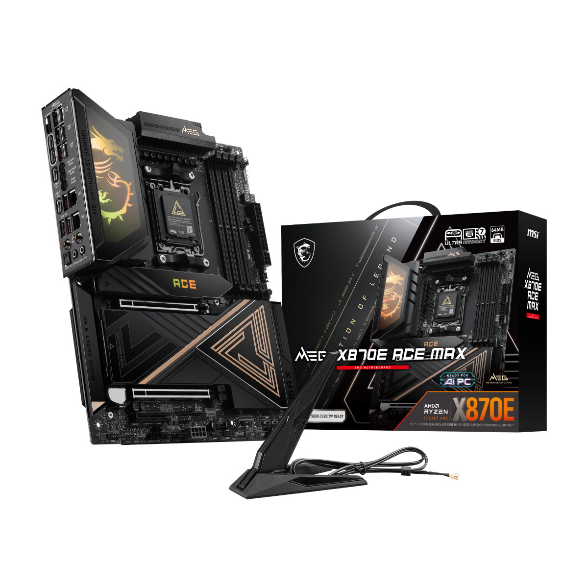 Placa base MSI MEG X870E ACE MAX para gaming, con disipadores de aluminio y puertos PCIe en la imagen.