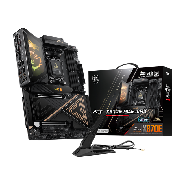 Placa base MSI MEG X870E ACE MAX para gaming, con disipadores de aluminio y puertos PCIe en la imagen.