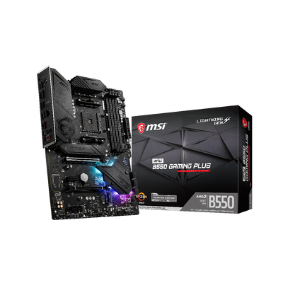 Placa base MSI MPG B550 GAMING PLUS para gaming, con ranuras para RAM, puertos USB y conectores de expansión.
