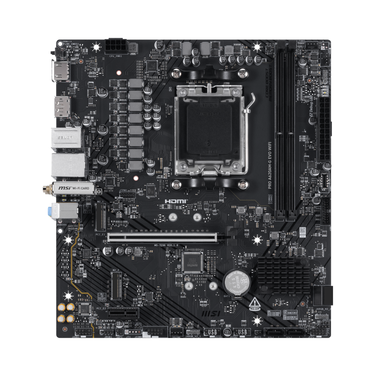 Msi pro a620am-g evo | a620 | am5 | ddr5 | matx | pcie 4. 0 | 2x m. 2 | matična plošča 3 Msi pro a620am-g evo matična plošča zgornji pogled