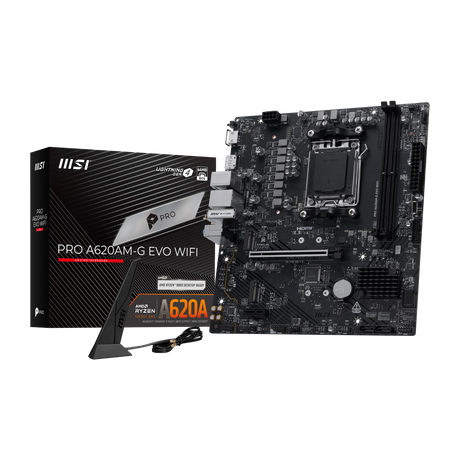 Placa base MSI PRO A620AM-G EVO WIFI con ranuras para RAM, puertos USB y conectividad WiFi, vista frontal.