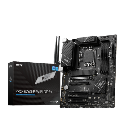 MSI PRO B760-P WIFI DDR4 motherboard showing slots, ports, and heatsinks for desktop PC build.
