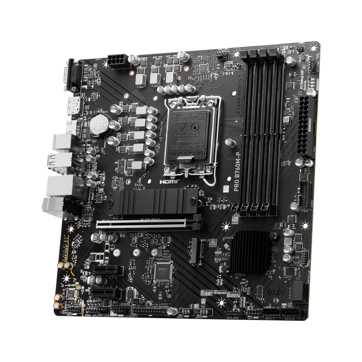 Placa base MSI PRO B760M-P para PC, vista frontal con conectores y ranuras de expansión, en color negro y gris.