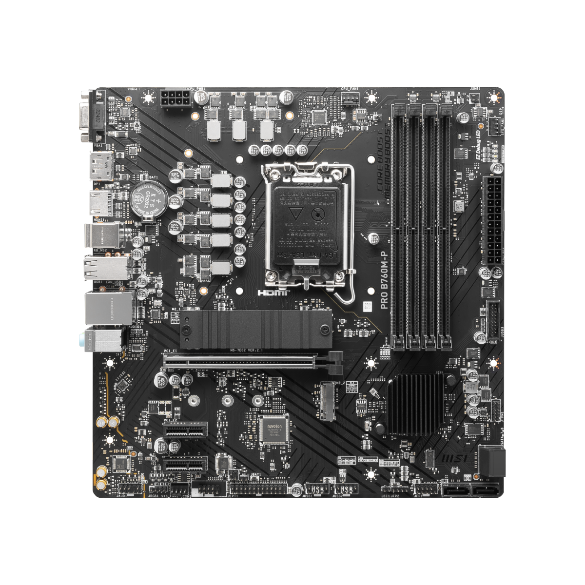 Placa base MSI PRO B760M-P para ordenador, vista frontal con puertos y componentes visibles.