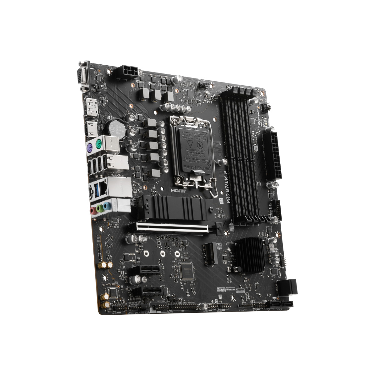 Placa base MSI PRO B760M-P para PC, vista frontal con ranuras y conectores, diseñada para ensamblaje de computadoras.