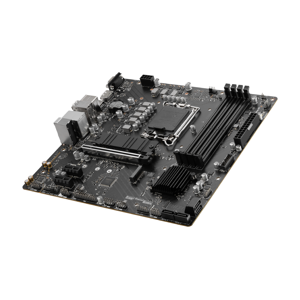Placa base MSI PRO B760M-P para PC, vista frontal con puertos y componentes visibles, en color negro y gris.