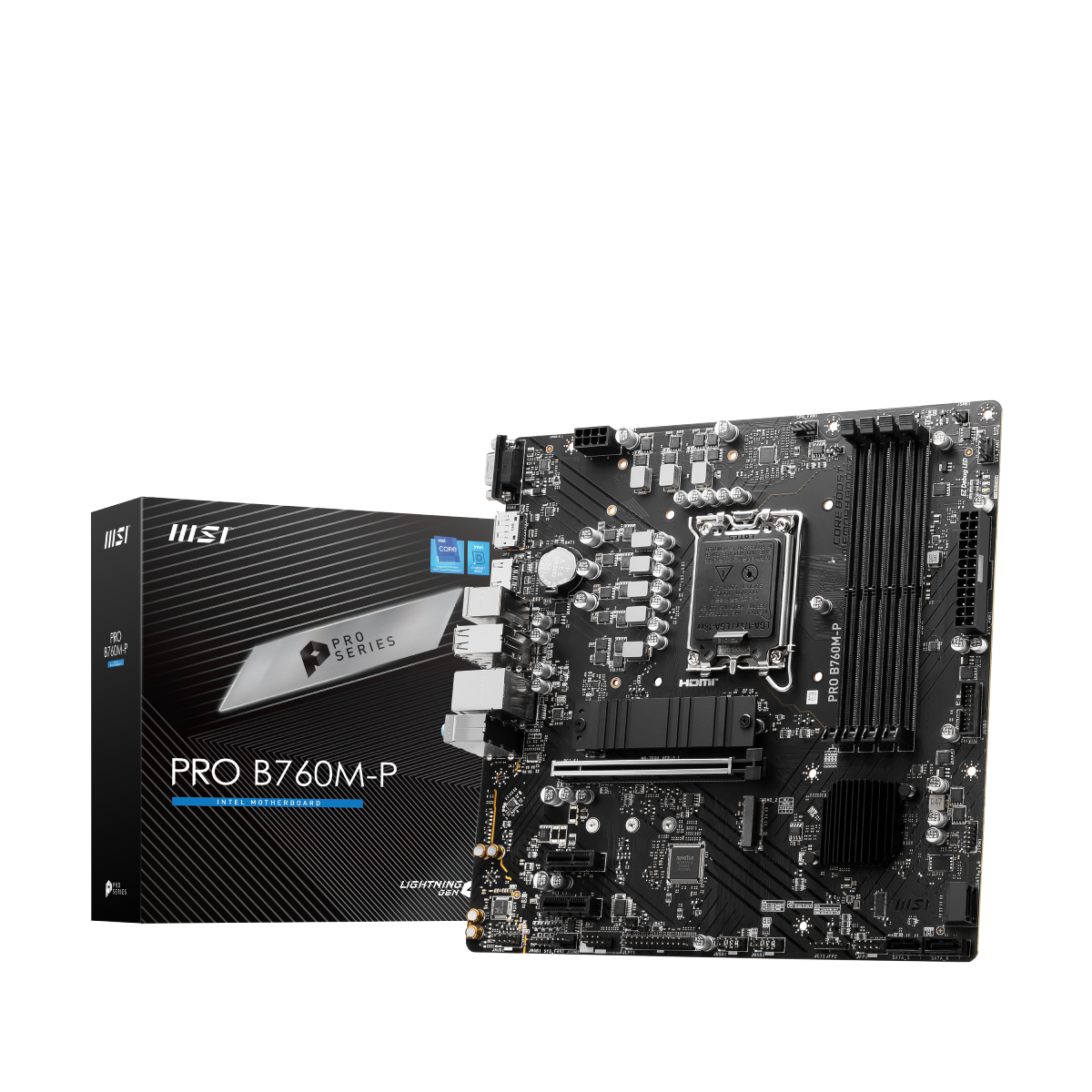 Placa base MSI PRO B760M-P para ordenador, con ranuras y componentes visibles en la imagen.