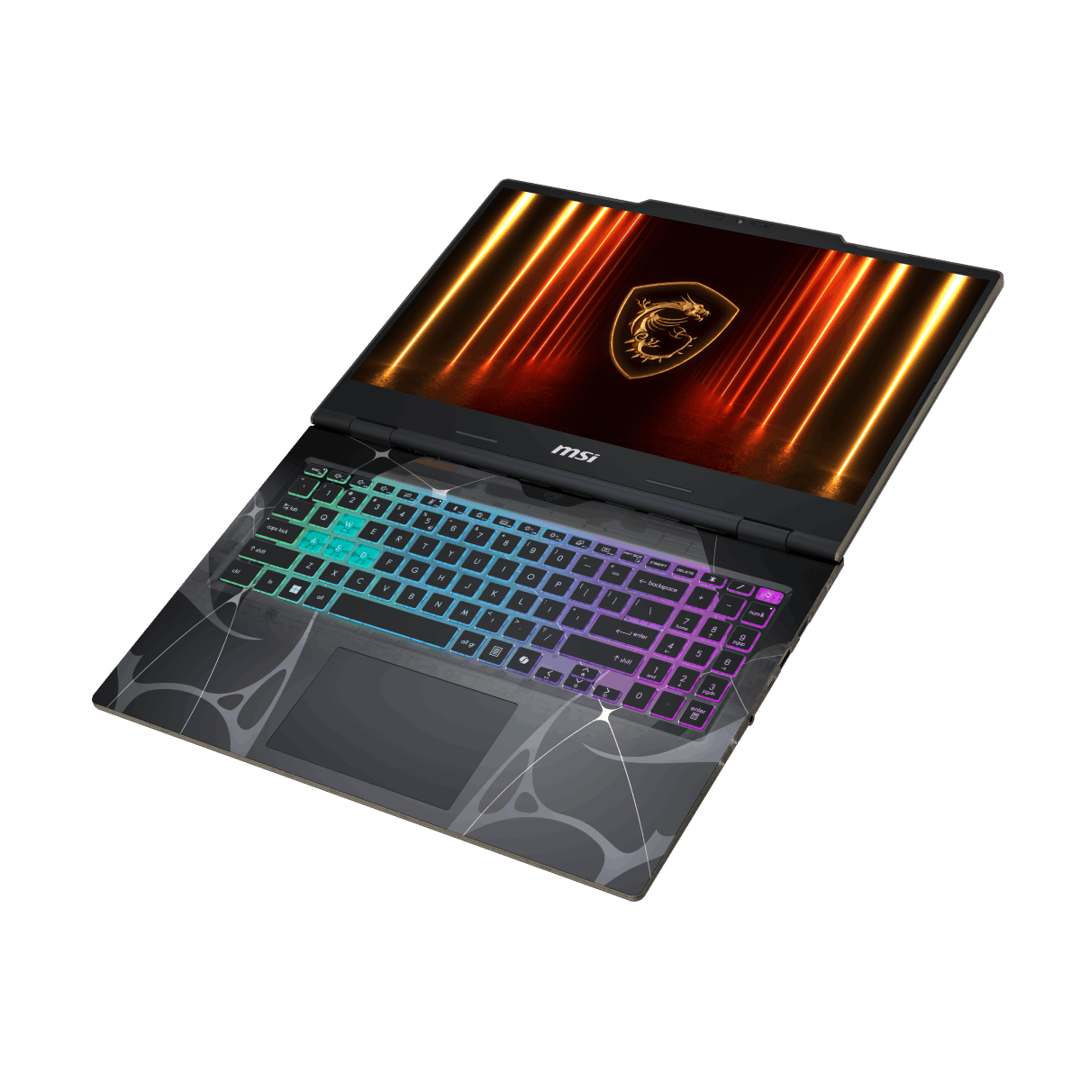 Portátil gaming MSI Cyborg 15 B13WEKG-815XES con pantalla, teclado retroiluminado y diseño moderno, abierto para mostrar pantalla y teclado.