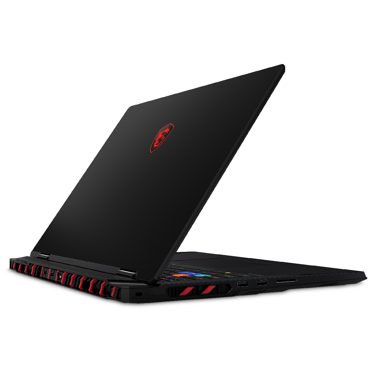 Portátil gaming MSI Raider A18 HX A9WIG-040ES abierto, pantalla grande y teclado retroiluminado, diseño moderno y potente.