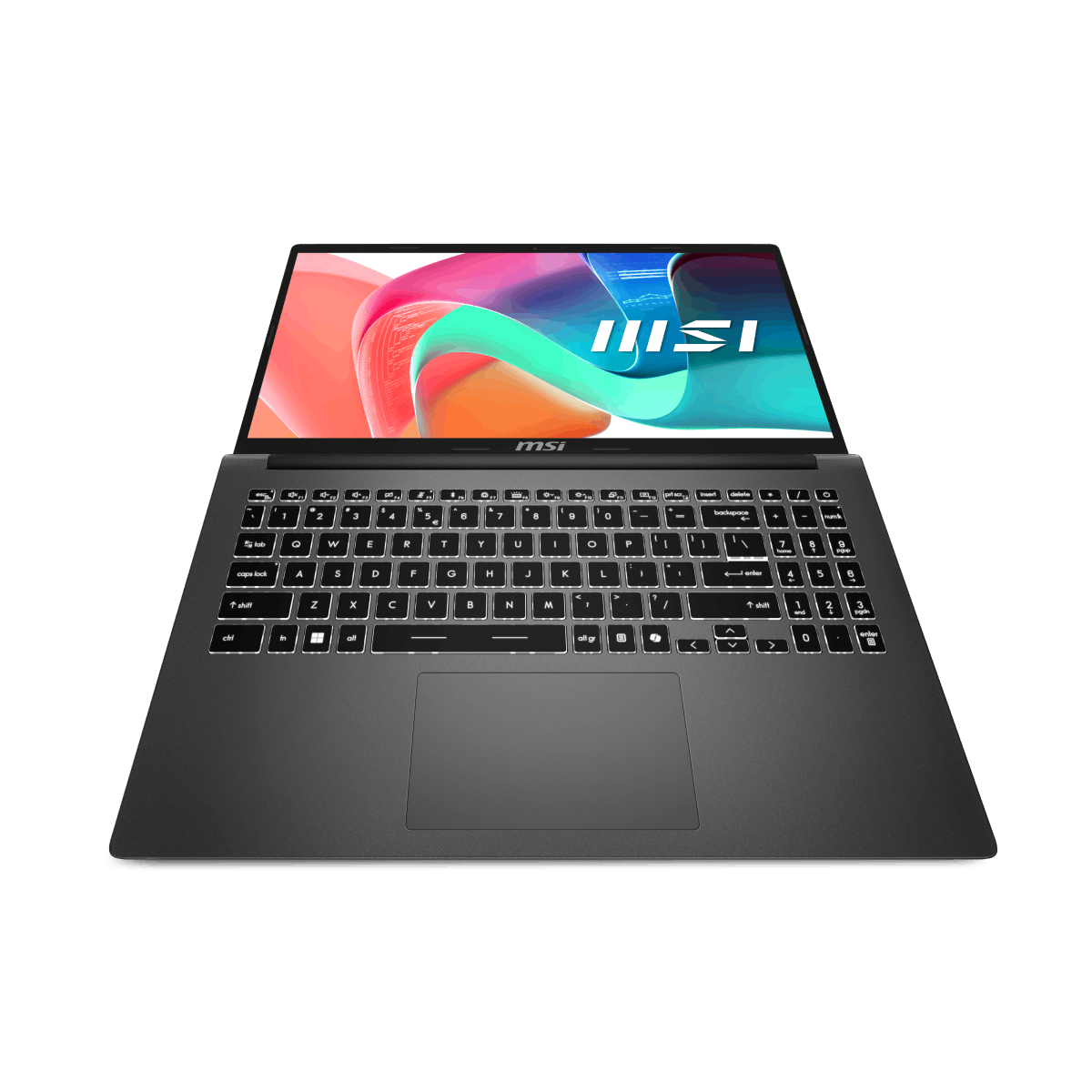 Portátil MSI Modern 15 F1MG-204ES para uso profesional, pantalla y teclado visibles en la imagen.