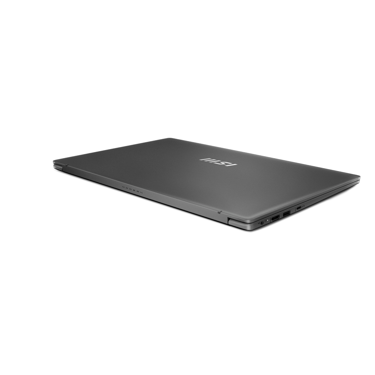 Portátil MSI Modern 15 F1MG-204ES con pantalla, teclado y carcasa en color gris, diseñado para uso profesional y productividad.