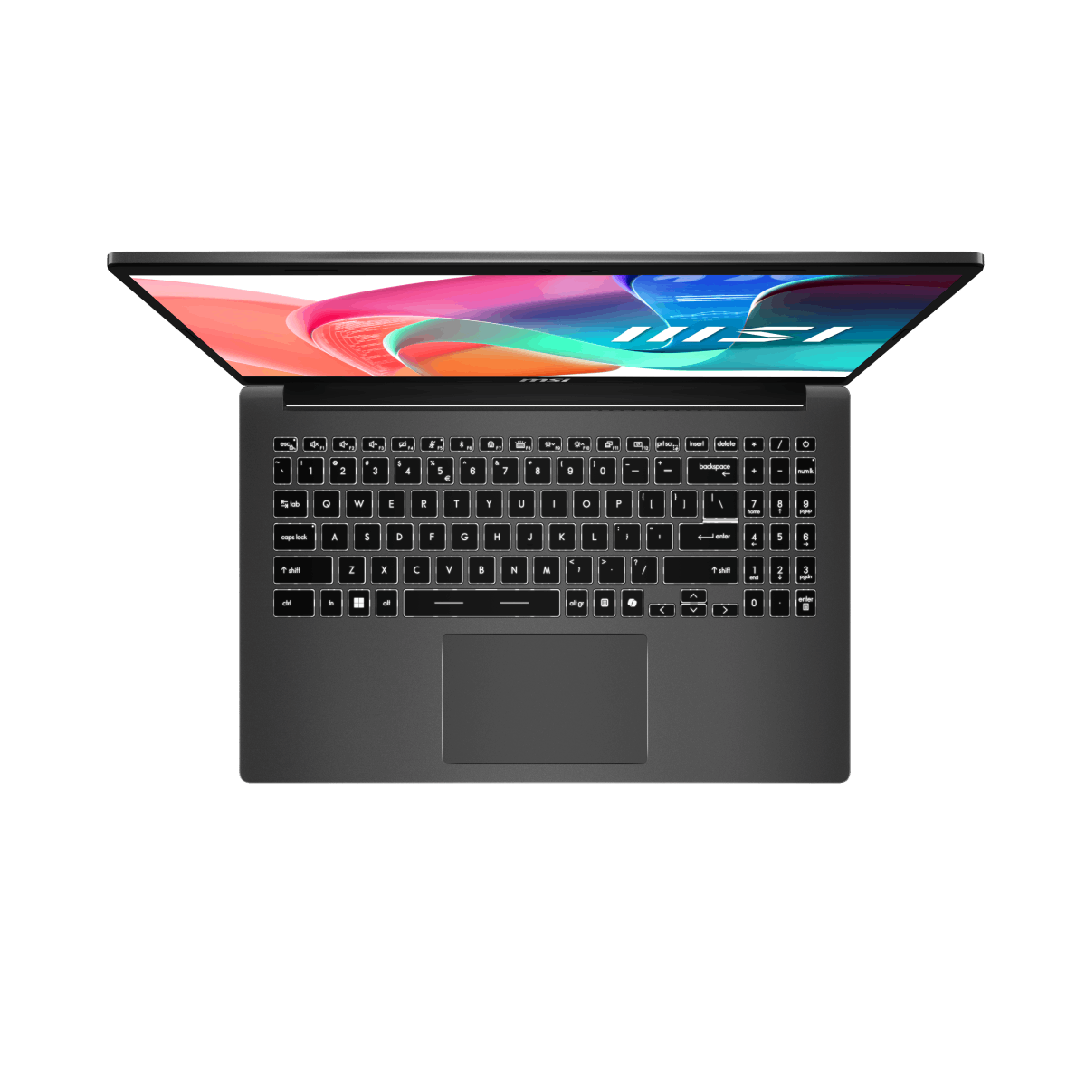 Portátil MSI Modern 15 F1MG-204ES para uso profesional, pantalla y teclado visibles en la imagen.