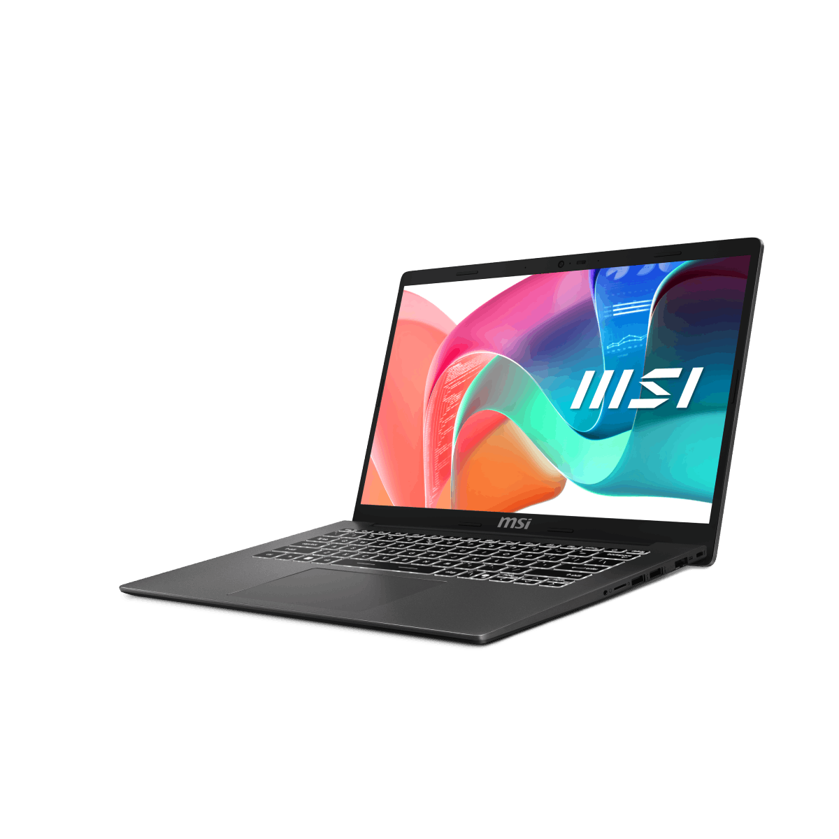 Portátil MSI Modern 14 F1MG-442XES con pantalla, teclado y diseño profesional en color gris.