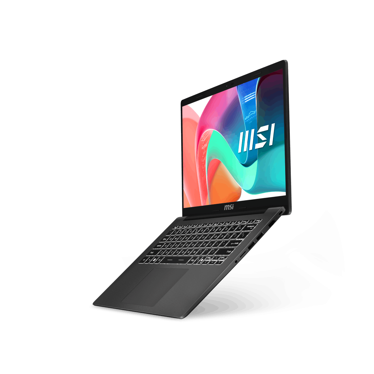 Portátil MSI Modern 14 F1MG-442XES abierto, con pantalla y teclado visible, en uso profesional, en un entorno de oficina.