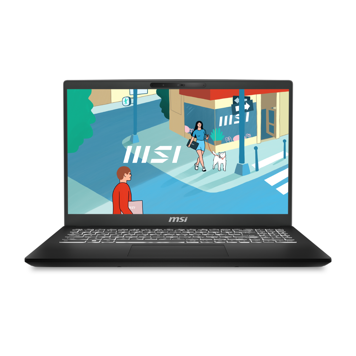Portátil MSI Modern 15 H C13M-082XES para uso profesional, portátil negro con pantalla y teclado completos, vista frontal.
