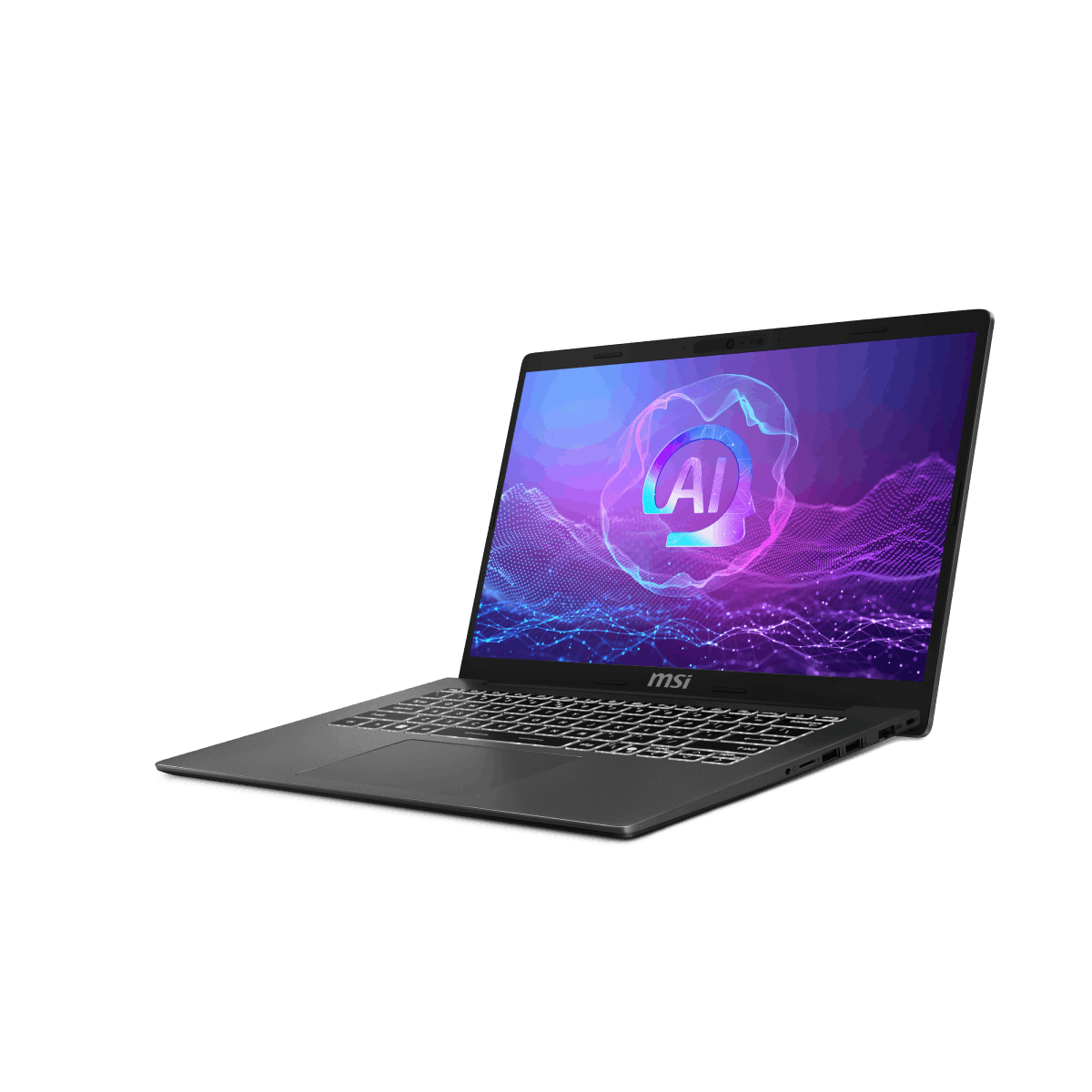 Portátil MSI Modern A14 AI F2HMG-009XES para uso profesional, portátil NB-BNS con pantalla y teclado visibles.