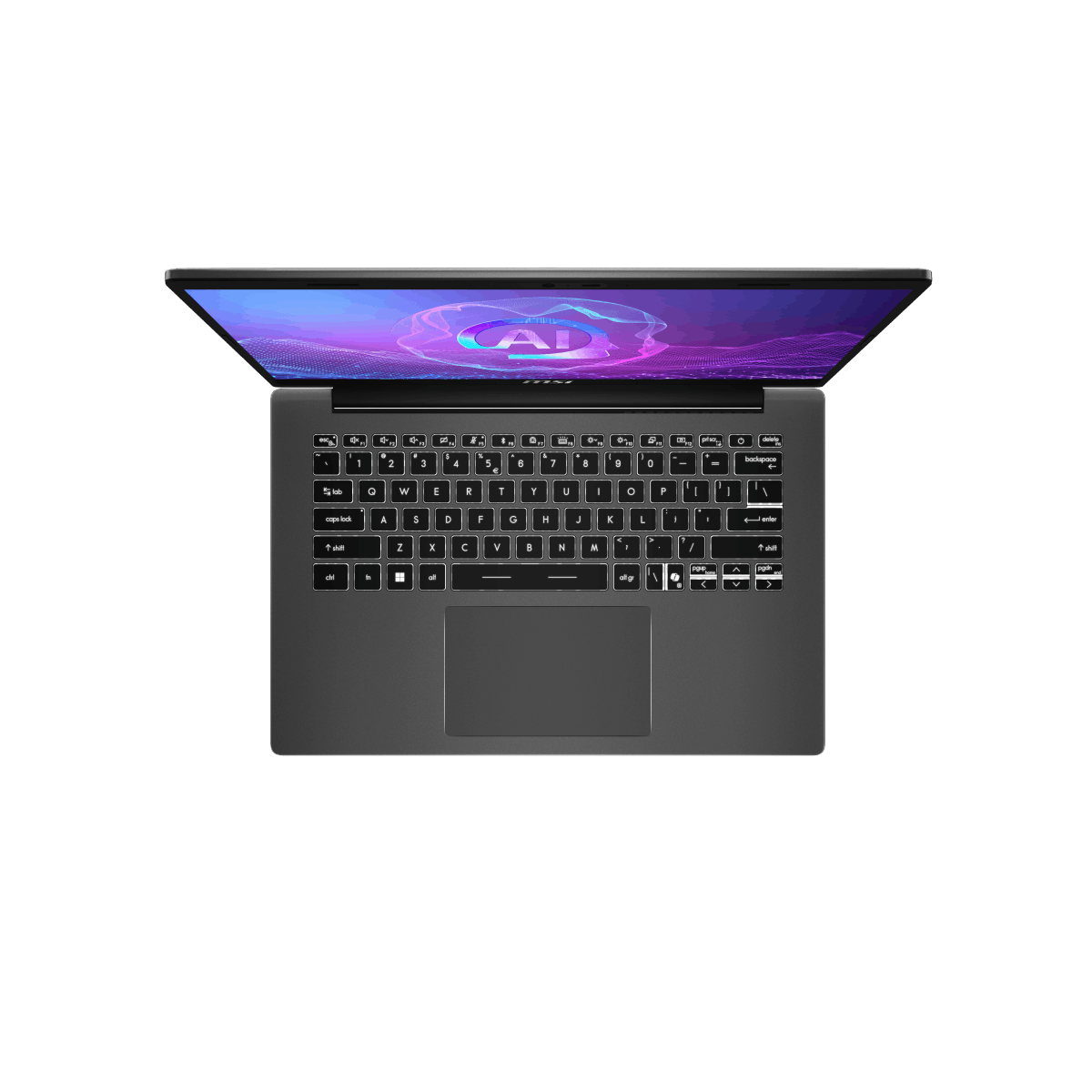 Portátil MSI Modern A14 AI F2HMG-009XES para tareas profesionales, pantalla y teclado visibles en la imagen.