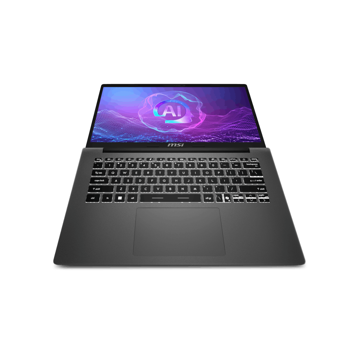 Portátil MSI Modern A14 AI F2HMG-009XES para uso profesional, pantalla y teclado visibles en la imagen.