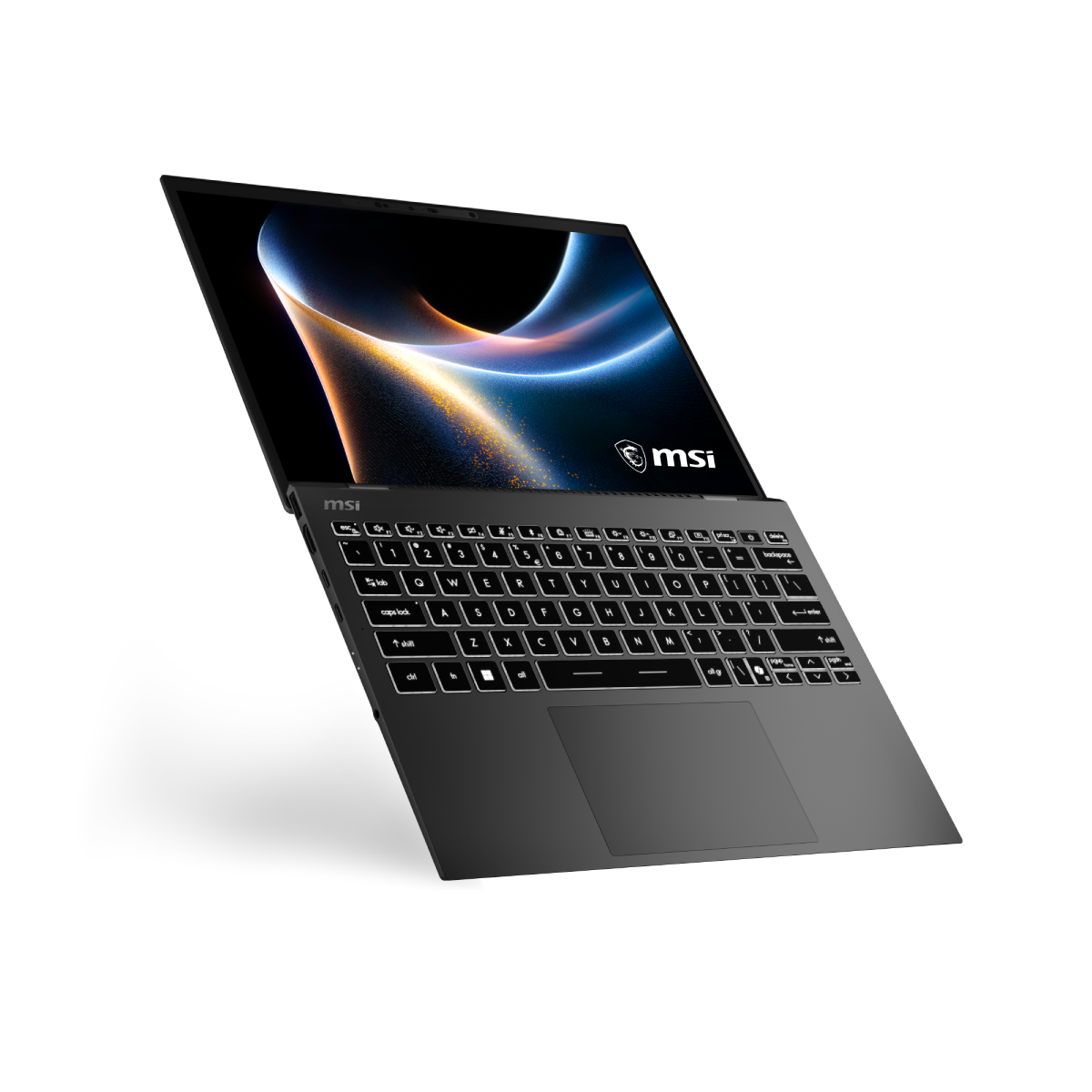 Portátil MSI Prestige 13 AI+ A3MG-005ES en color gris, vista lateral con teclado y pantalla de alta resolución.