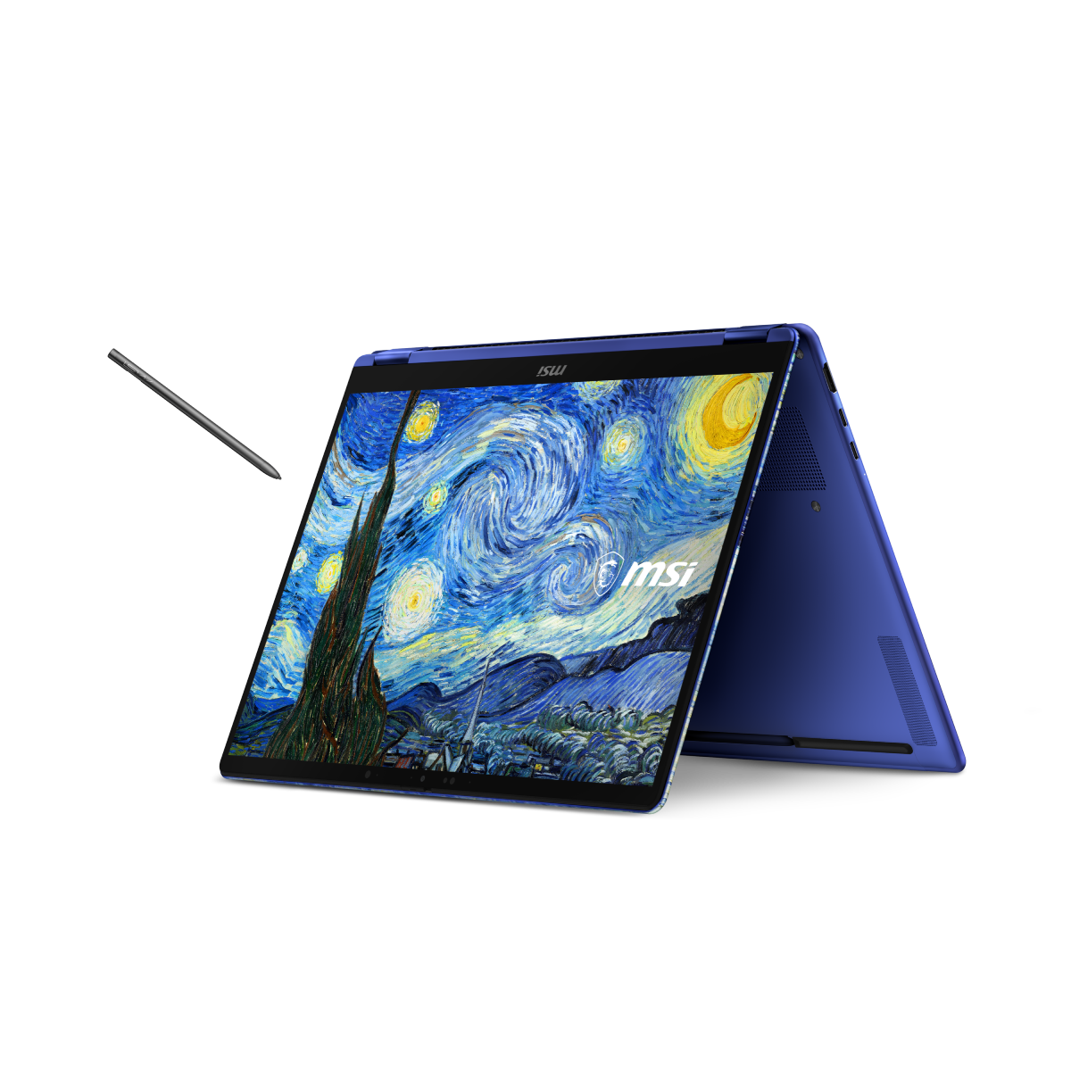 MSI Prestige 14 Flip AI+ portable touchscreen notebook in The Starry Night design, featuring a sleek professional laptop appearance.