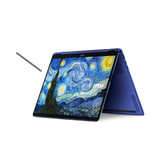 MSI Prestige 14 Flip AI+ portable touchscreen notebook in The Starry Night design, featuring a sleek professional laptop appearance.