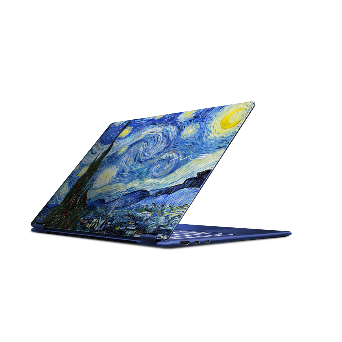 MSI Prestige 14 Flip AI+ portable touchscreen laptop with The Starry Night design, showcasing its sleek, professional profile and vibrant display.