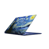 MSI Prestige 14 Flip AI+ portable touchscreen laptop with The Starry Night design, showcasing its sleek, professional profile and vibrant display.