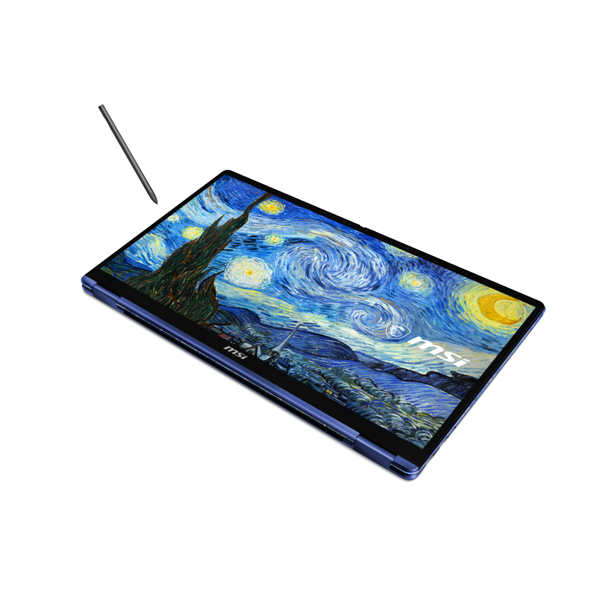 MSI Prestige 14 Flip AI+ portable touchscreen laptop with The Starry Night design, showing the device open with keyboard and display.