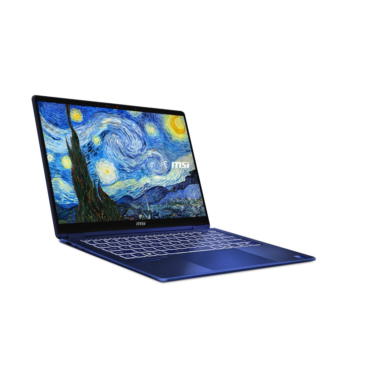 MSI Prestige 14 Flip AI+ portable touchscreen laptop with The Starry Night design, sleek silver finish, and professional build.