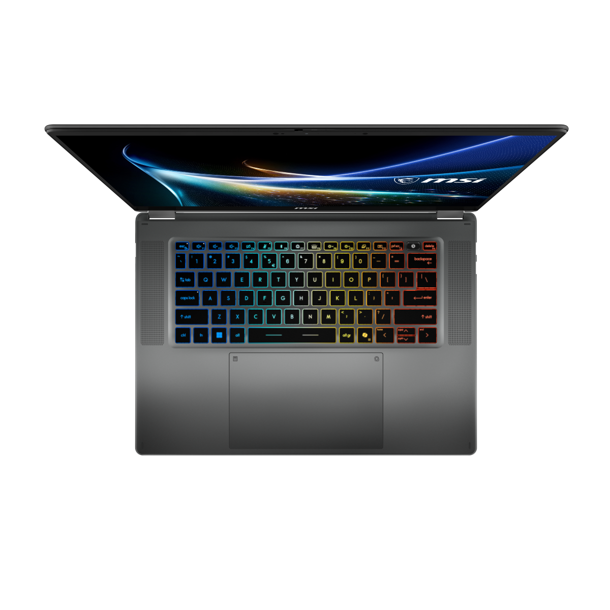 Portátil táctil MSI Prestige N16 Flip AI+ C1XMT-035ESY abierto, vista frontal del equipo profesional