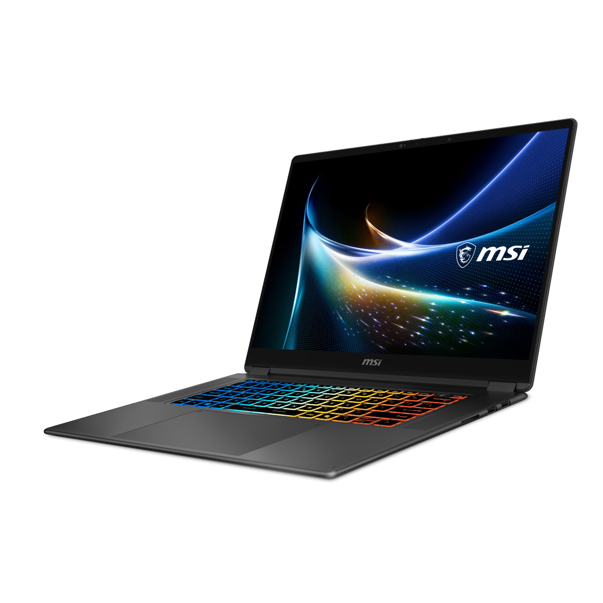 Portátil táctil MSI Prestige N16 Flip AI+ C1XMT-035ESY abierto, vista lateral del diseño profesional en color gris oscuro
