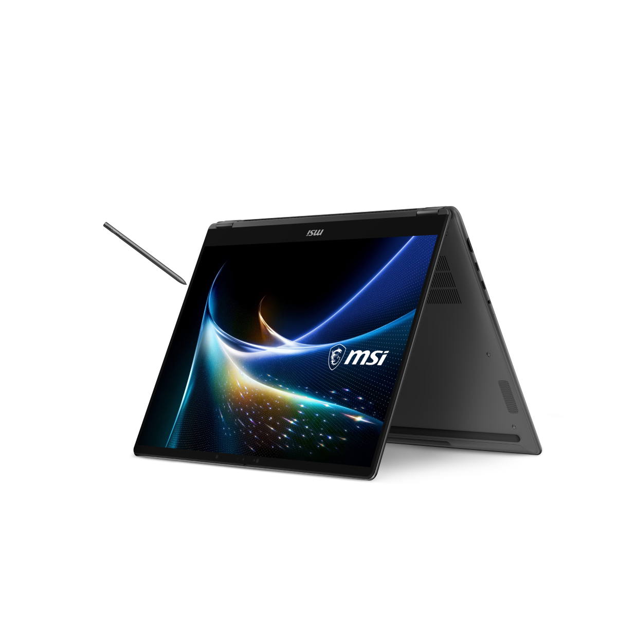 Portátil táctil MSI Prestige N16 Flip AI+ C1XMT-035ESY abierto, vista del teclado y pantalla plegable