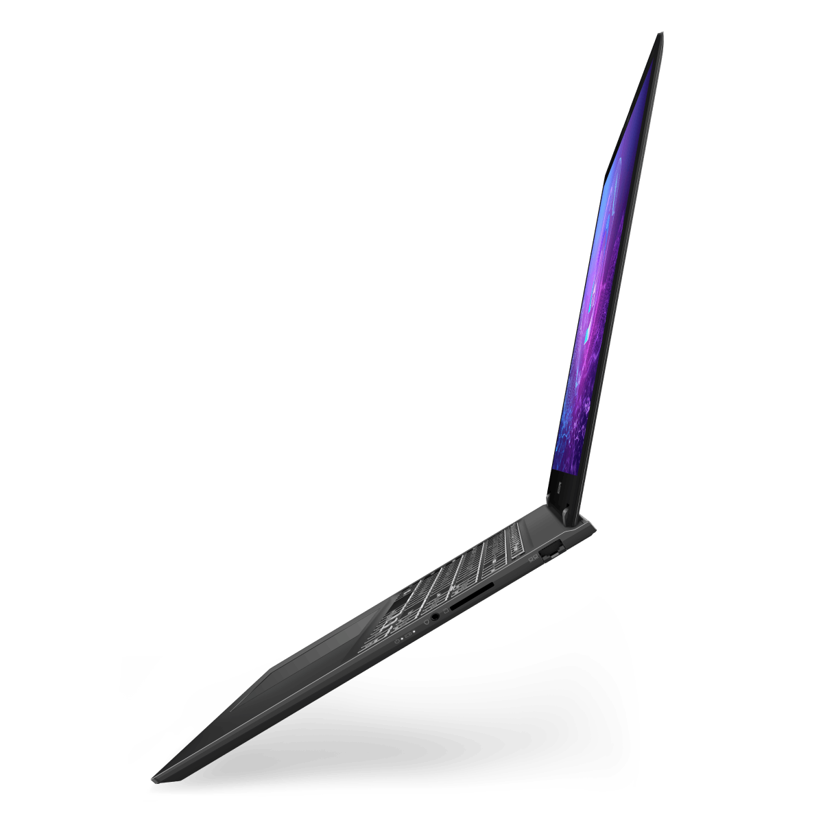 Portátil MSI Prestige 16 AI Evo B2HMG-083ES abierto, pantalla grande y teclado en color gris, diseñado para uso profesional.