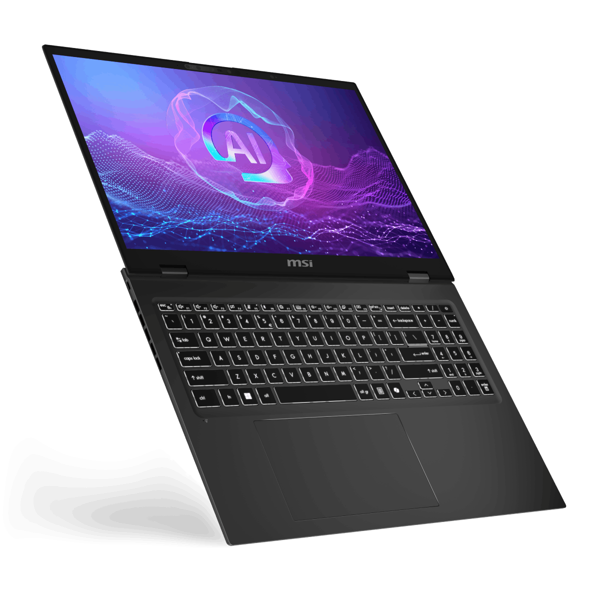Portátil MSI Prestige 16 AI Evo B2HMG-083ES para uso profesional, con pantalla grande y diseño elegante.