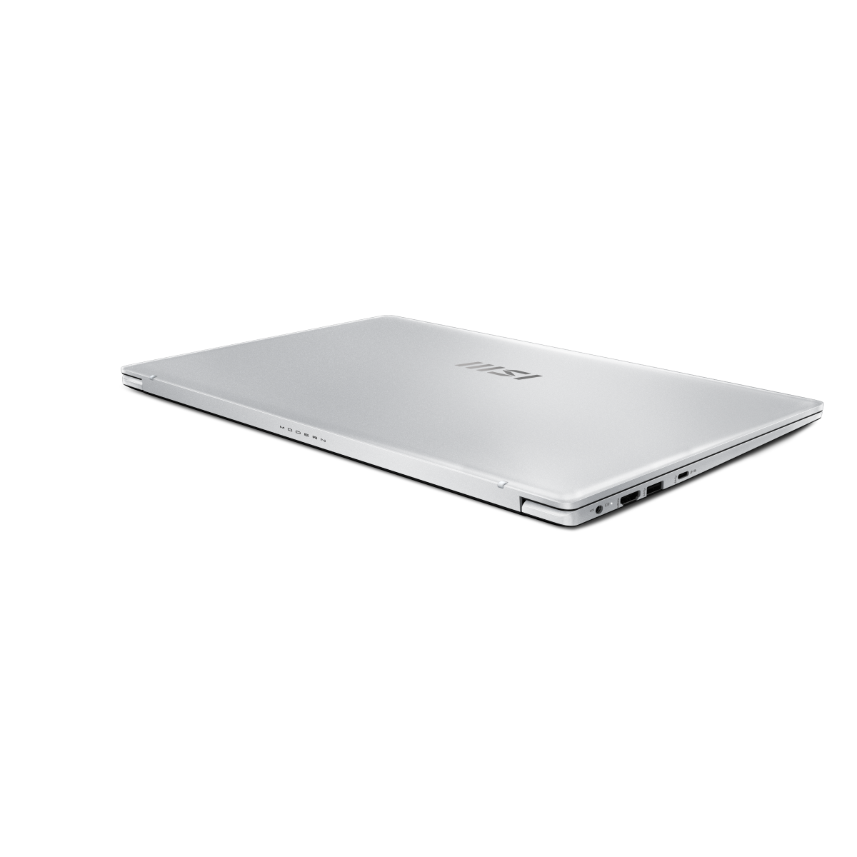 MSI Modern 15 F1MG-255XES portable laptop for professionals, shown open with keyboard and screen visible.