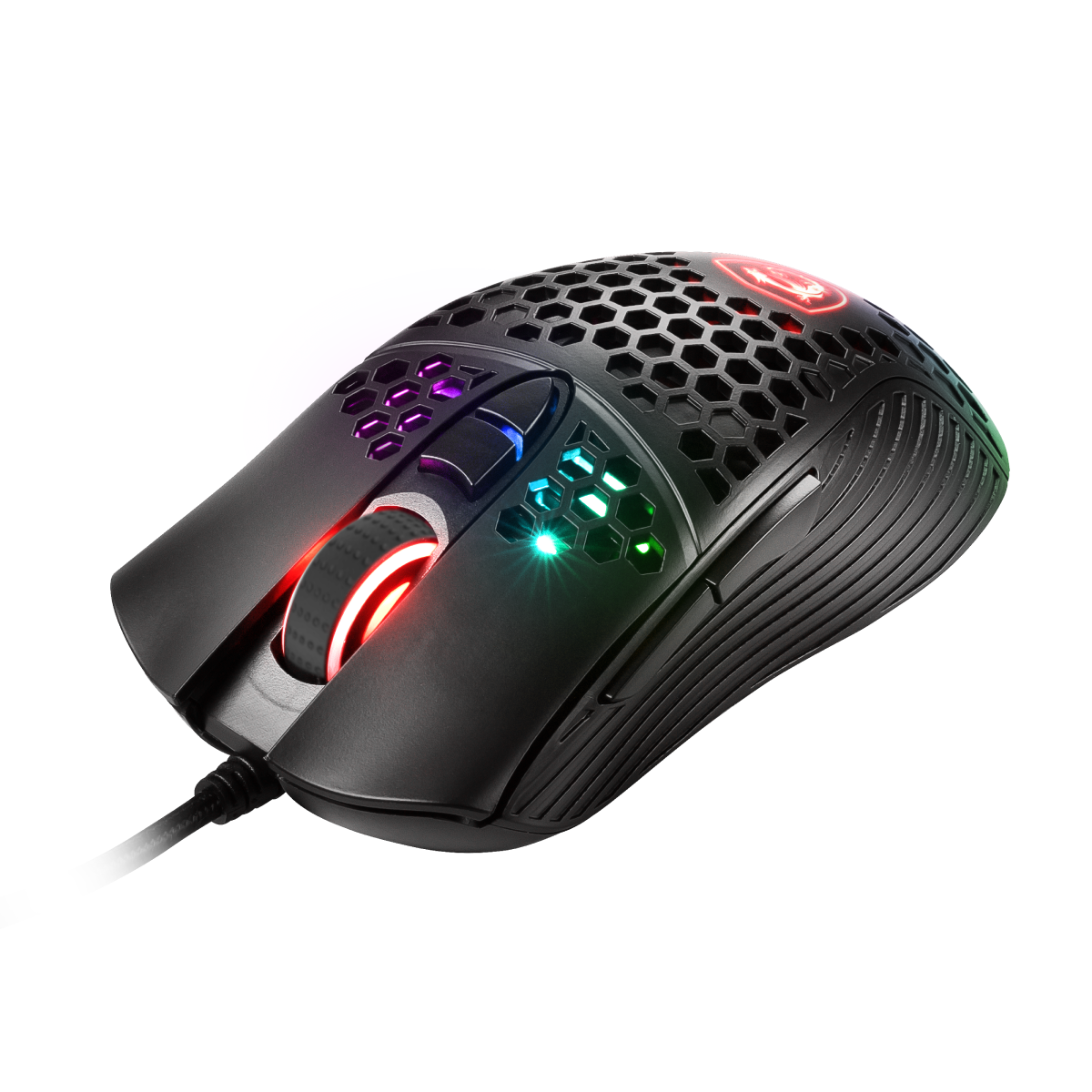 Ratón gaming MSI M99 Pro Box, modelo MSI España, con diseño ergonómico y botones programables, vista lateral.